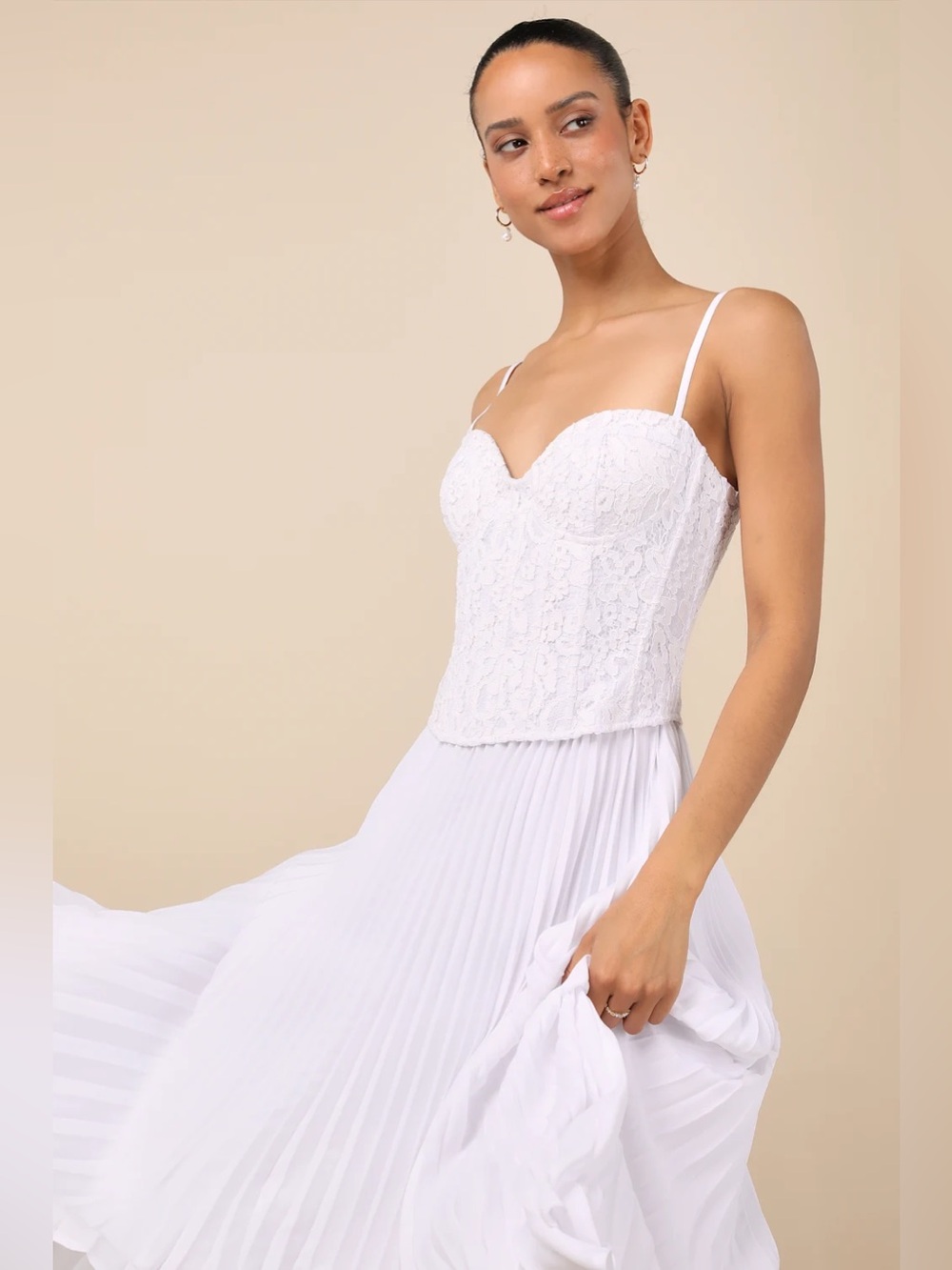 Lulus Women’s Large White Pleated Summer‎ Wedding Midi Dress with Lace Bustier